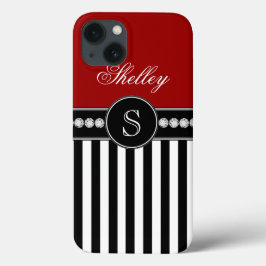 Monogram Naam Rode Zwarte Stripes Patroon iPhone 13 Hoesje