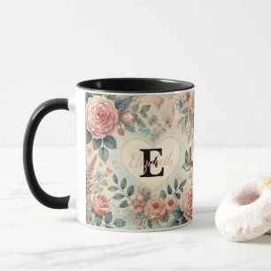 Monogram naam romantische harten roze bloemen mok
