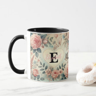 Monogram naam  romantische harten roze bloemen mok