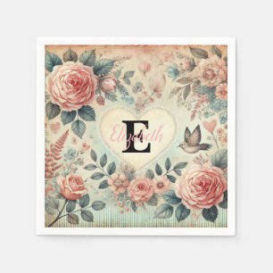 Monogram naam romantische harten roze bloemen servet