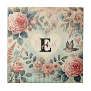Monogram naam  romantische harten roze bloemen tegeltje