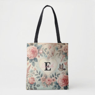 Monogram naam romantische harten roze bloemen tote bag