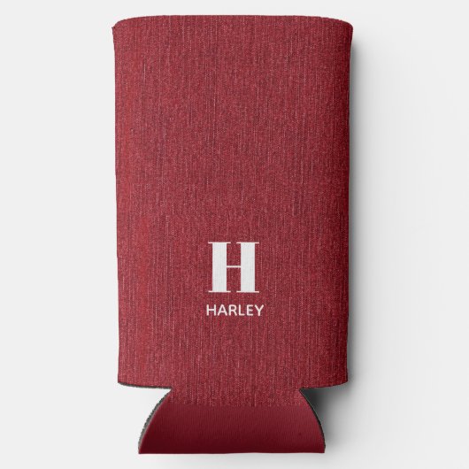 Monogram Naam Rood Denim Print Slim Seltzer Blikjeskoeler (Achterkant)