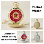 Monogram naam rood en goud met pijl en stippen zakhorloge<br><div class="desc">Personaliseer dit zakhorloge met initialen,  monogram en een naam. De woorden 'Don't be late' kunnen ook worden gewijzigd. Ontworpen in rood met een bleek gouden cirkel en een rode pijl en stippen.</div>