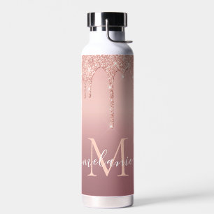 Monogram Naam Roos Blush Glitter Water Fles Gift