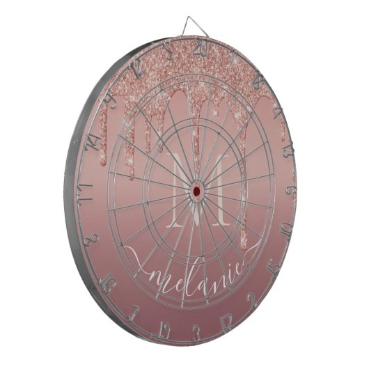 Monogram Naam Roos Gold Blush Glitter Dart Board Dartbord (Voorkant Links)