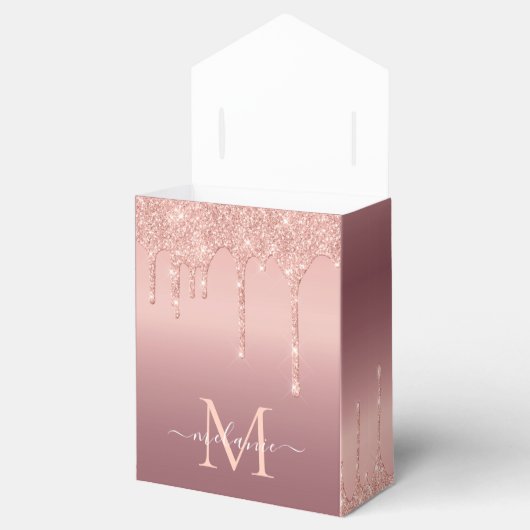 Monogram Naam Roos Gold Blush Glitter Favor Box Bedankdoosjes (Geopend)