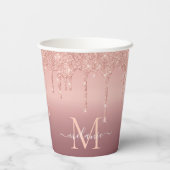 Monogram Naam Roos Gold Blush Glitter Paper Cups Papieren Bekers (Achterkant)