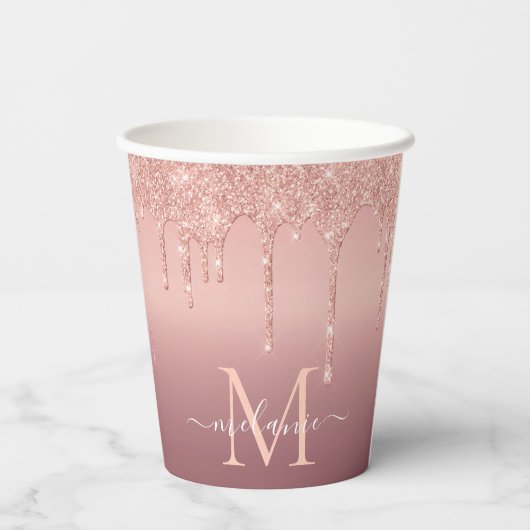 Monogram Naam Roos Gold Blush Glitter Paper Cups Papieren Bekers (Achterkant)