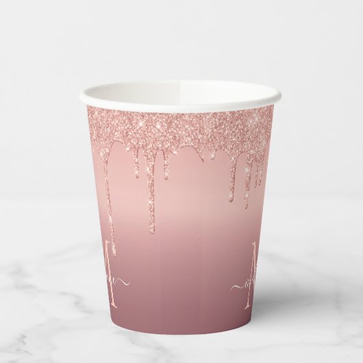 Monogram Naam Roos Gold Blush Glitter Paper Cups Papieren Bekers (Links)