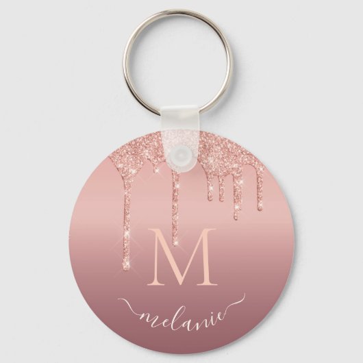 Monogram Naam Roos Gold Blush Glitter Sleutelhange Sleutelhanger (Voorkant)