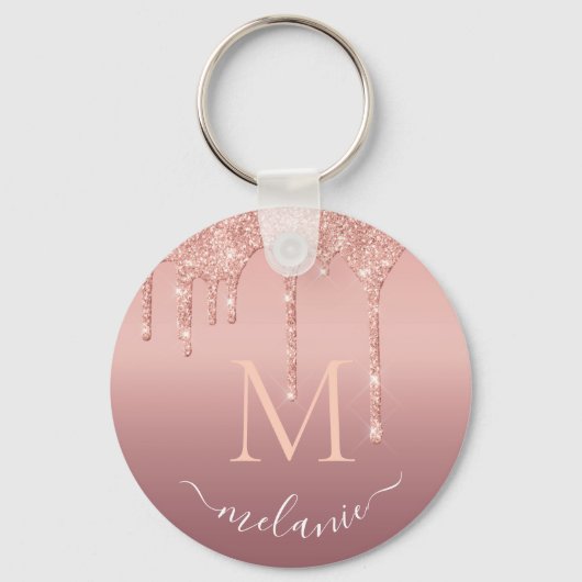 Monogram Naam Roos Gold Blush Glitter Sleutelhange Sleutelhanger (Voorkant)