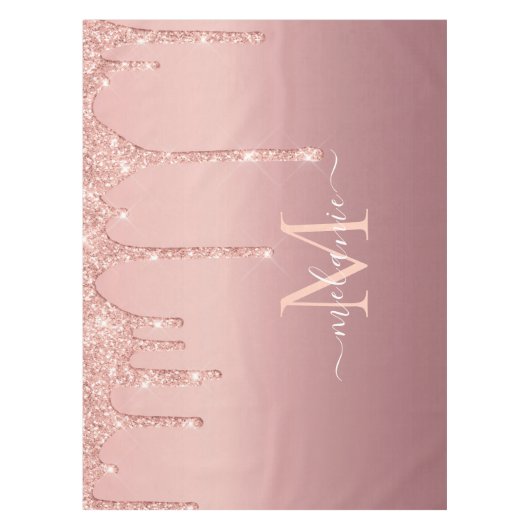 Monogram Naam Roos Gold Blush Glitter Tablecloth Tafelkleed (Voorkant)