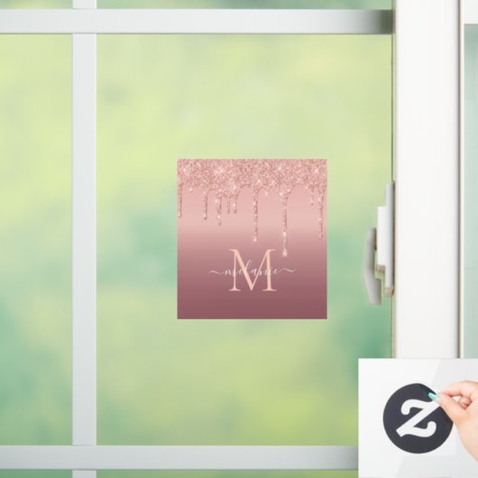 Monogram Naam Roos Gold Blush Glitter Window Cling Raamsticker (Huis)