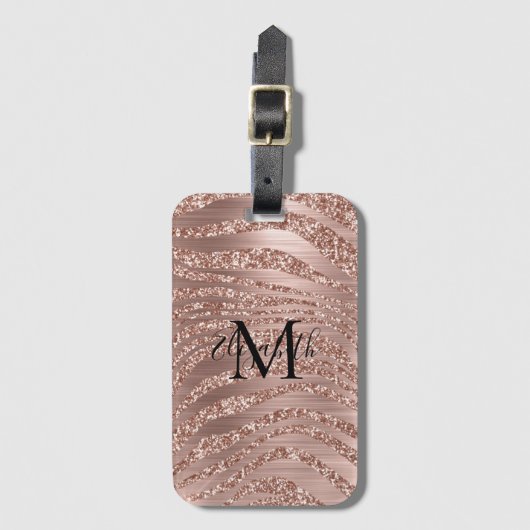 Monogram Naam Roos Gold Glitter Animal Print Bagagelabel (Voorkant (verticaal))