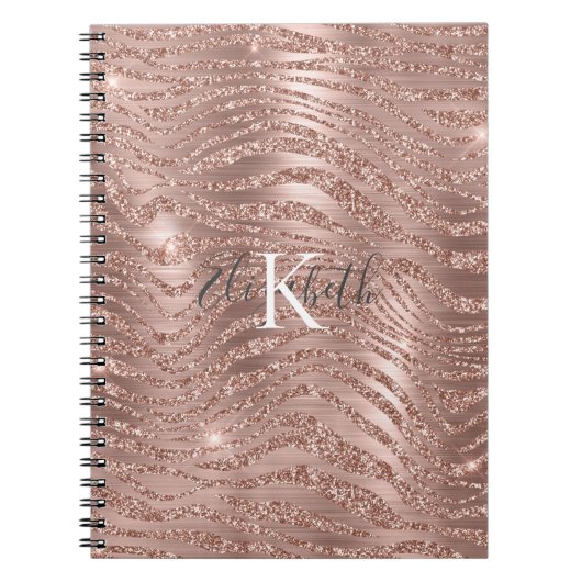Monogram Naam Roos Gold Glitter Animal Print Notitieboek (Voorkant)