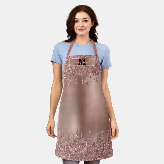 Monogram Naam Roos Goud Dripping Metallic Glitter Schort (Gedragen)