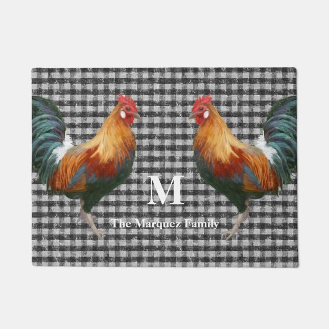 Monogram naam Rooster Rooster Red Black en White C Deurmat (Voorkant)