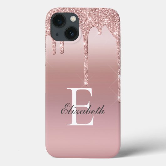 Monogram Naam Rose Gold Drip Glitter Blush Roze Case-Mate iPhone Case (Achterkant)