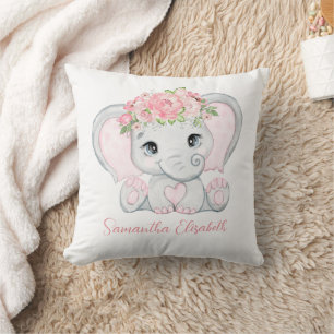 Monogram naam roze Baby olifant baby meisje kinder Kussen