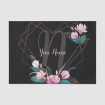 Monogram Naam Roze Bloem Geometrisch Frame Zwart