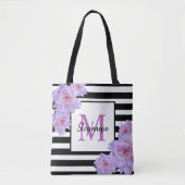 Monogram Naam Roze Bloem Zwart Streep Canvas tas (Voorkant)