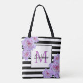 Monogram Naam Roze Bloem Zwart Streep Canvas tas (Achterkant)