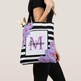 Monogram Naam Roze Bloem Zwart Streep Canvas tas