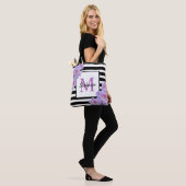 Monogram Naam Roze Bloem Zwart Streep Canvas tas (Op model)