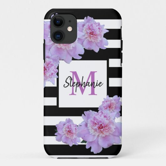 Monogram Naam Roze Bloem Zwart Streep Paarse Case-Mate iPhone Case (Achterkant)
