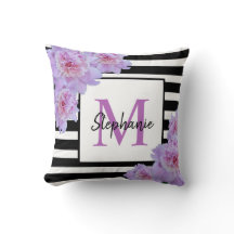 Monogram Naam Roze Bloem Zwart Streep Paarse