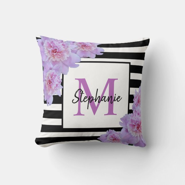 Monogram Naam Roze Bloem Zwart Streep Paarse Kussen (Voorkant)