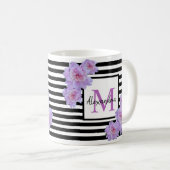 Monogram Naam Roze Bloem Zwarte Streep Koffiemok (Voorkant rechts)