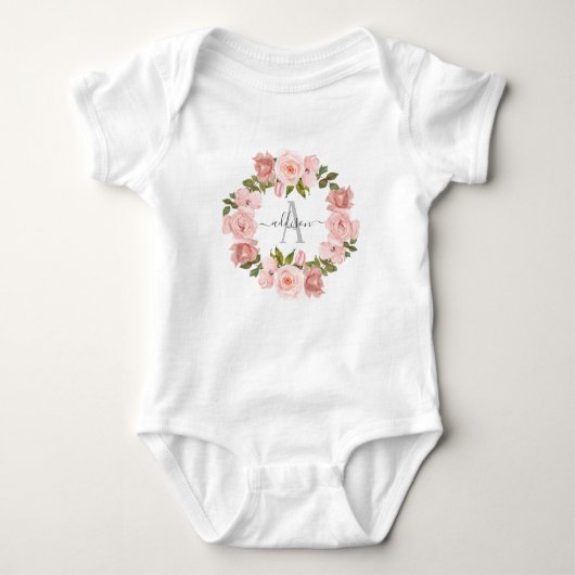 Monogram Naam Roze Bloemen Floral Wreate Romper (Voorkant)