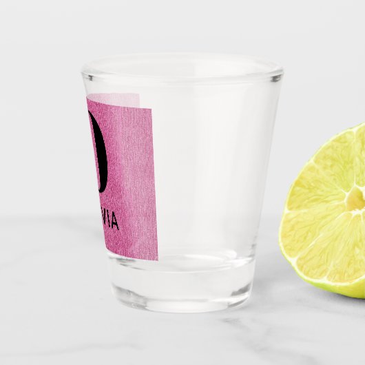 Monogram naam, roze denim print 1.5oz shot glas (Rechts)