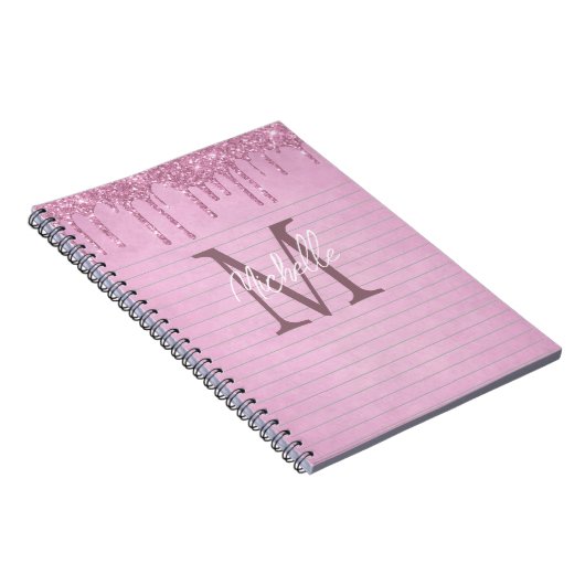 Monogram Naam Roze Druppelende Glitter Girly Notit Notitieboek (Rechterzijde)
