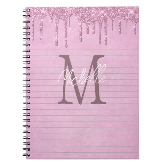 Monogram Naam Roze Druppelende Glitter Girly Notit Notitieboek (Voorkant)