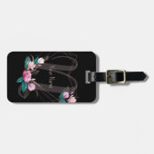 Monogram Naam Roze Floral Geometric Lijst Black Bagagelabel (Voorkant horizontaal)
