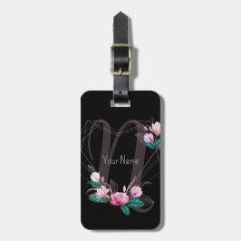 Monogram Naam Roze Floral Geometric Lijst Black Bagagelabel