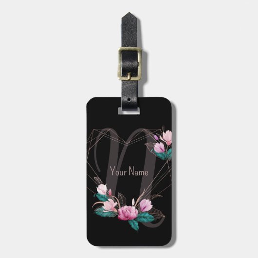 Monogram Naam Roze Floral Geometric Lijst Black Bagagelabel (Voorkant verticaal)