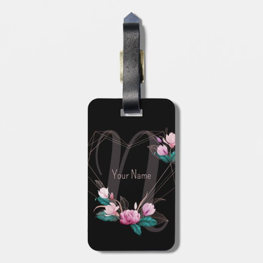 Monogram Naam Roze Floral Geometric Lijst Black Bagagelabel (Achterkant verticaal)