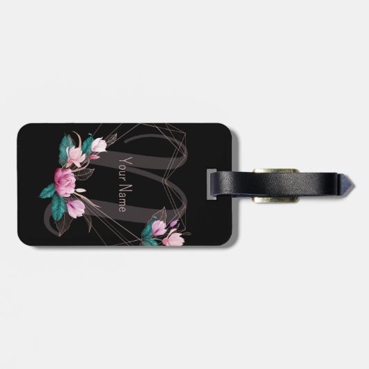 Monogram Naam Roze Floral Geometric Lijst Black Bagagelabel (Achterkant horizontaal)