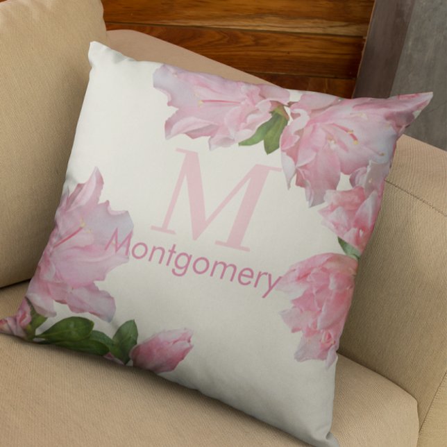  monogram Naam Roze Floral Ivory Kussen (Creator heeft geüpload)