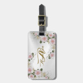 Monogram Naam Roze Floral Silver Grey Travel Bagagelabel (Voorkant verticaal)