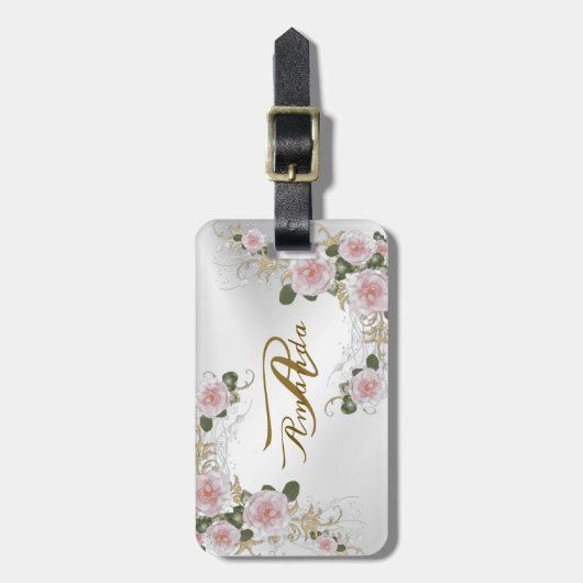 Monogram Naam Roze Floral Silver Grey Travel Bagagelabel (Voorkant verticaal)