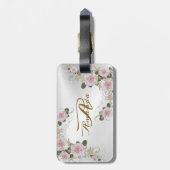 Monogram Naam Roze Floral Silver Grey Travel Bagagelabel (Achterkant verticaal)