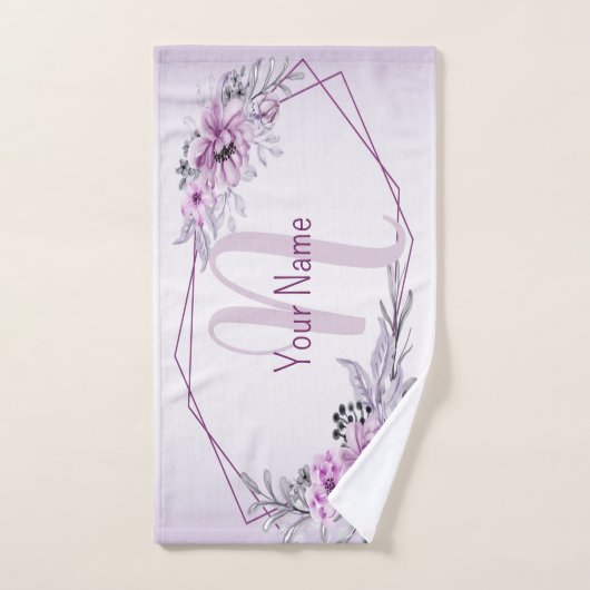 Monogram Naam Roze Floral Violet Paars Lijst Bad Handdoek (Handdoek)
