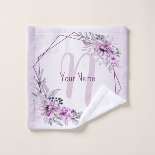 Monogram Naam Roze Floral Violet Paars Lijst Bad Handdoek (Wasdoekje)