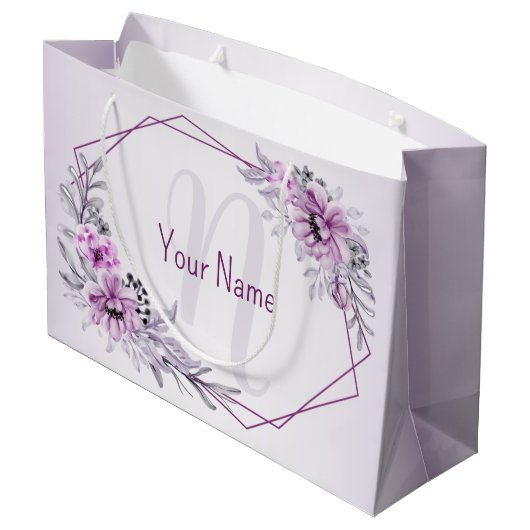 Monogram Naam Roze Floral Violet Paars Lijst Groot Cadeauzakje (Achterkant Gekanteld)