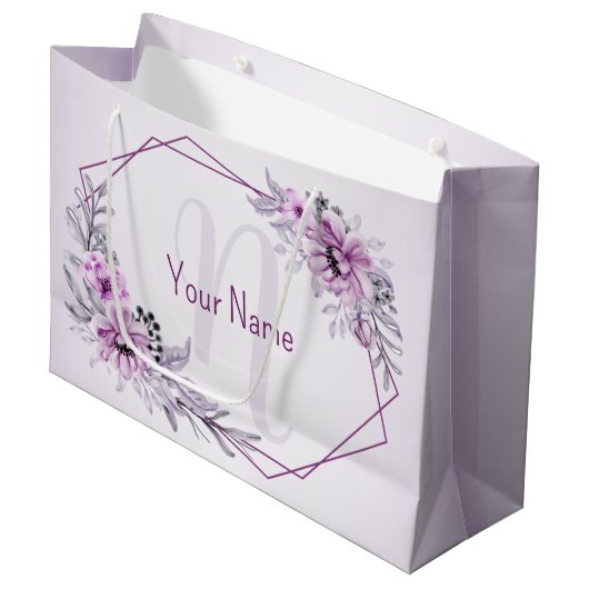 Monogram Naam Roze Floral Violet Paars Lijst Groot Cadeauzakje (Voorkant Gekanteld)